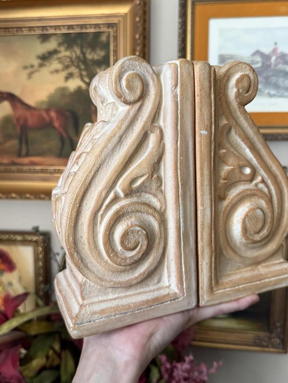 Vintage Pair of Ceramic Plaster Carved Bookends